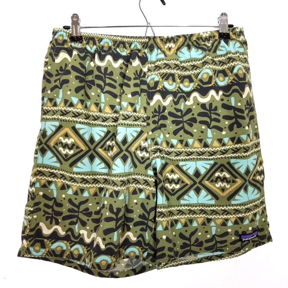Patagonia Men's Baggies Longs‎ 7" Shorts Swim Trunks Sz M Green Printed Lined